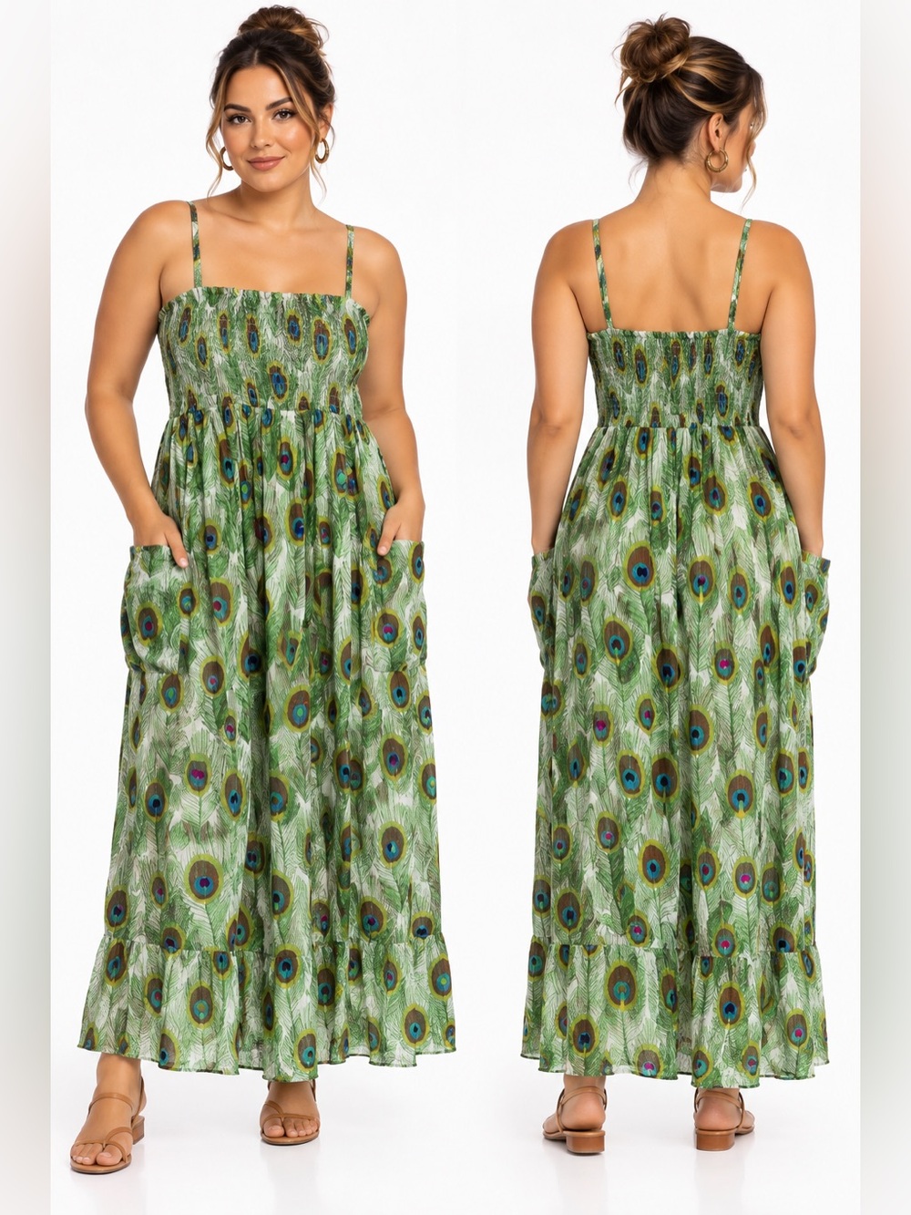 Green Peacock-Print Smocked maxi dress